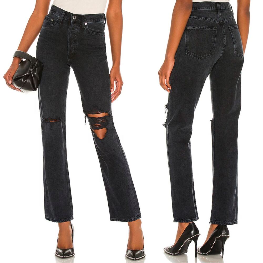 AGOLDE Lana Straight Leg Jeans Size 24 Black Distressed Disorder